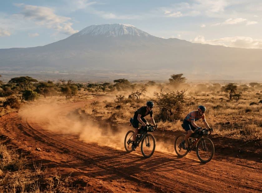 Gravelfietsers op een onverharde weg met uitzicht op de Kilimanjaro