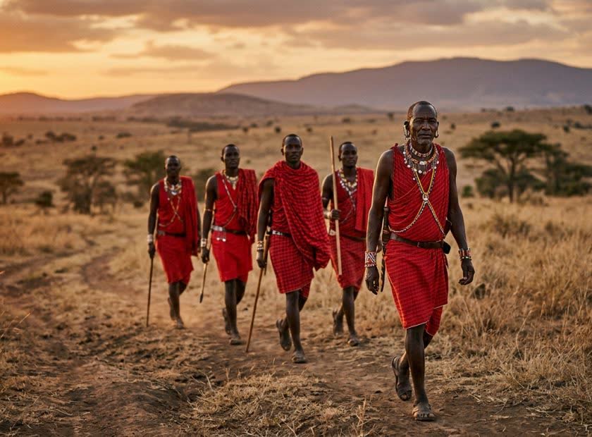 Maasai-mannen in rode gewaden lopen door het savannelandschap