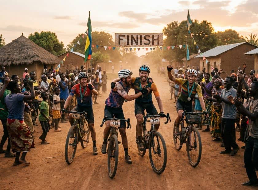 Juichende deelnemers bij de finish van de Kili Gravel Race