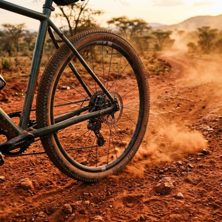 Gravelbike met stoffige banden na een etappe