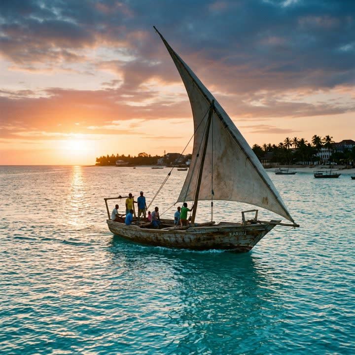 Dhow met gehesen zeil voor de kust van Zanzibar
