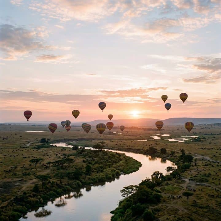 Luchtballon boven de vlaktes van de Serengeti bij zonsopgang