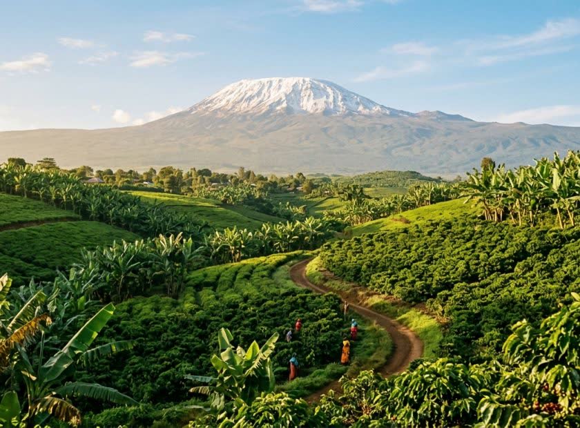 De besneeuwde top van de Kilimanjaro boven de stad Moshi