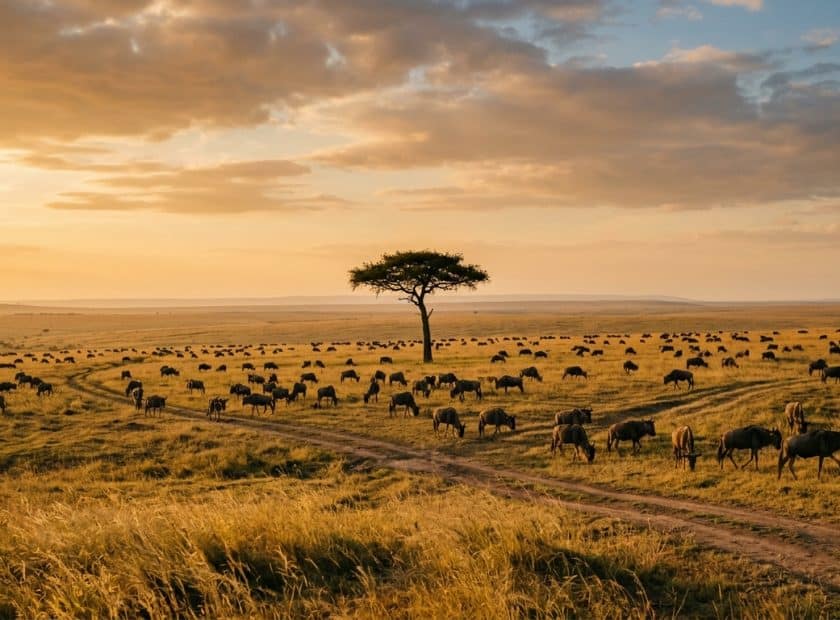 Grote gnoekudde trekt over de vlaktes van de Serengeti
