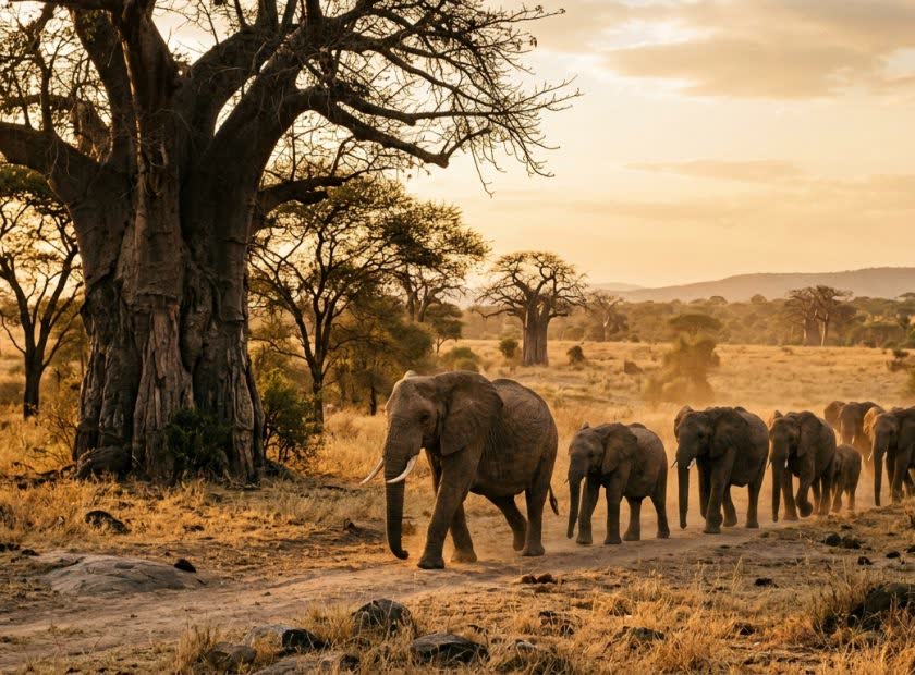 Olifantenkudde bij een baobab in Tarangire National Park